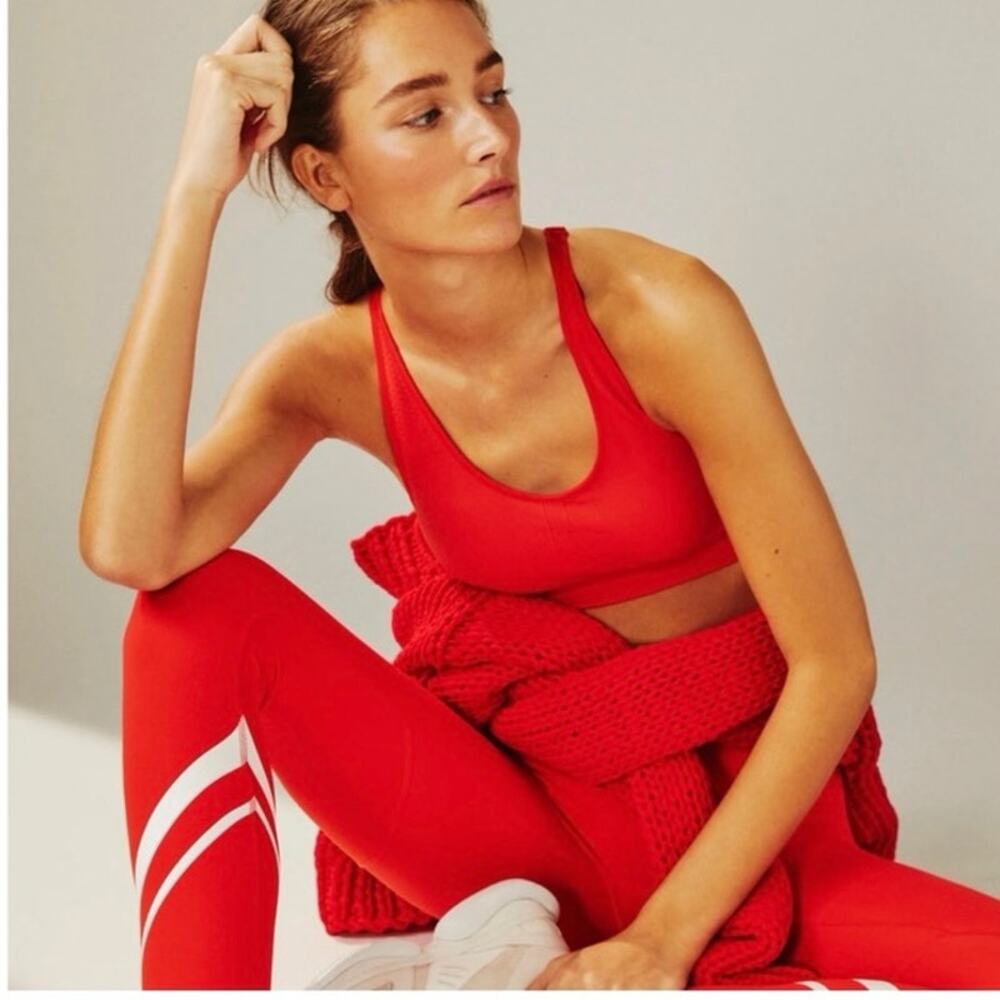 TORY BURCH Cropped Chevron Athletic Leggings Red White Size Small
